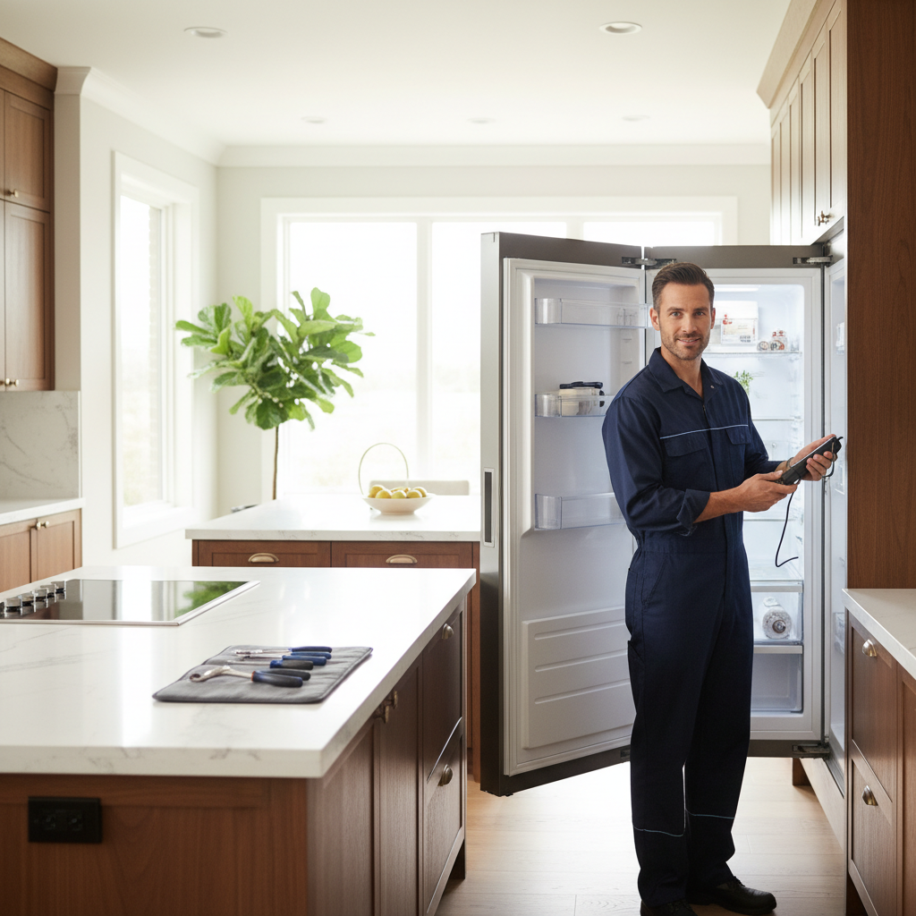 Professional appliance repair technician inspecting a built-in refrigerator